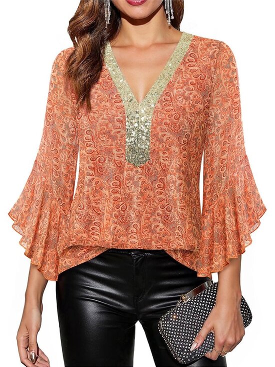 Tops - Women's Ruffle 3/4 Sleeve Sparkly Tops Sequin V Neck Blouses Dressy Fall Shirts